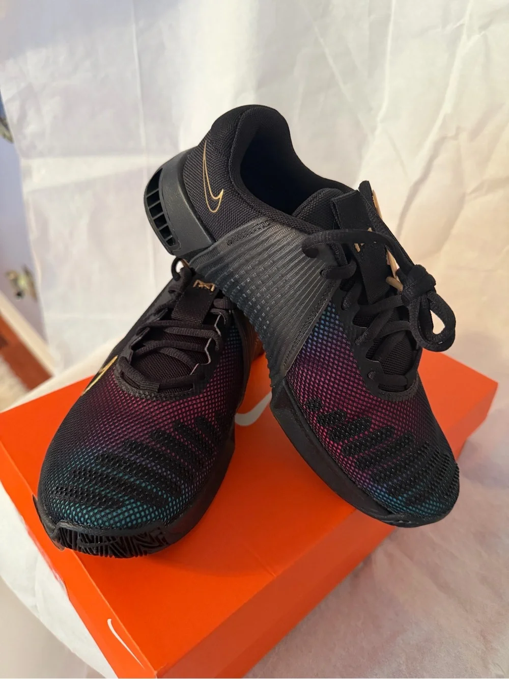 Nike women’s Black Iridescent Gradient Sneakers with Yellow Swoosh